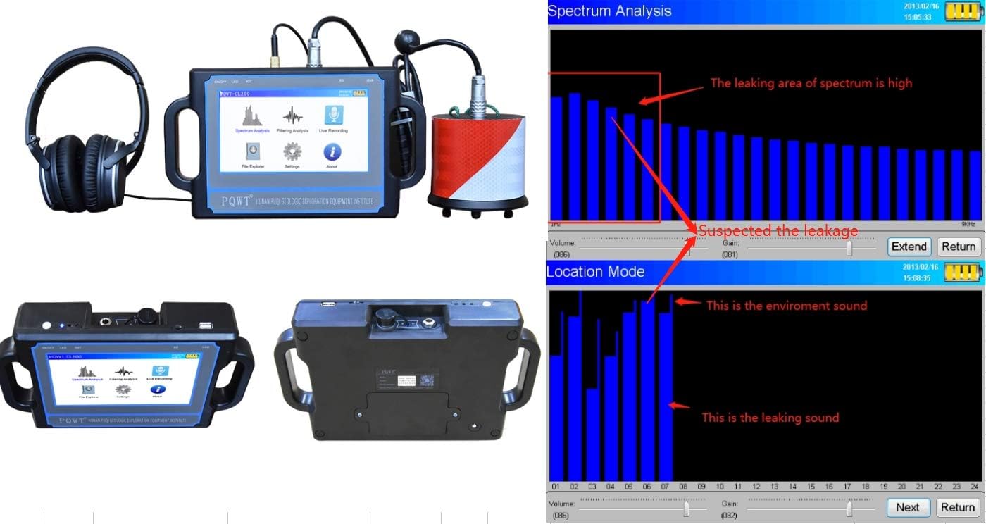 PQWT CL500 Water Leak Detectors for Home and Outside Wall Water Pipe Detector Acoustic Pipeline Leakage Detection Kit Professional Sensor Noise Reduce Headphone LCD Touchscreen Carry Case 5 Meters