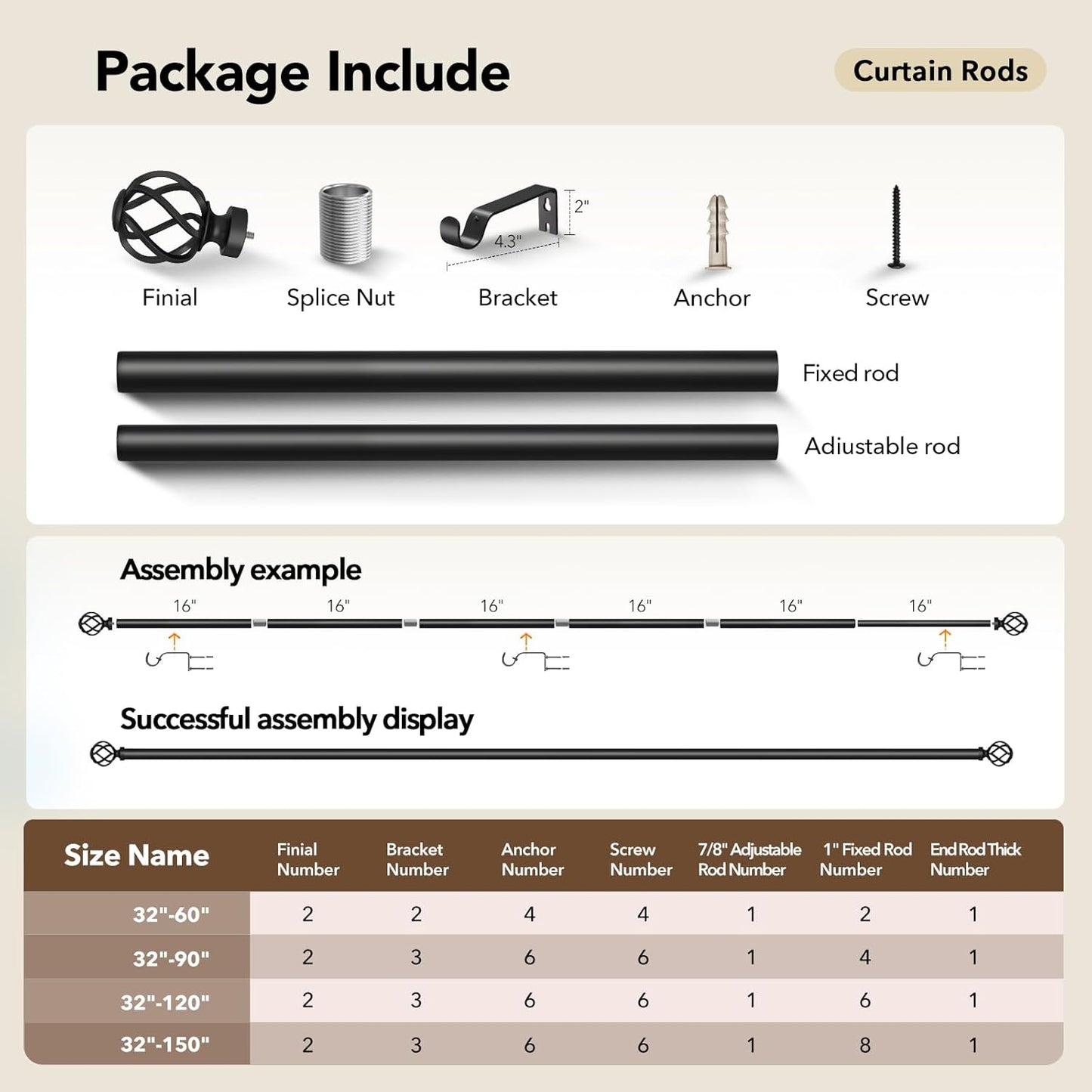 2 Pack Curtain Rods for Windows 48 to 84, 1 Inch Adjustable Decorative Black Curtain Rod with Twisted Cage End, Modern Heavy Duty Drapery Rods for Bedroom, Telescoping Splicing Structure, Size 32"-90"