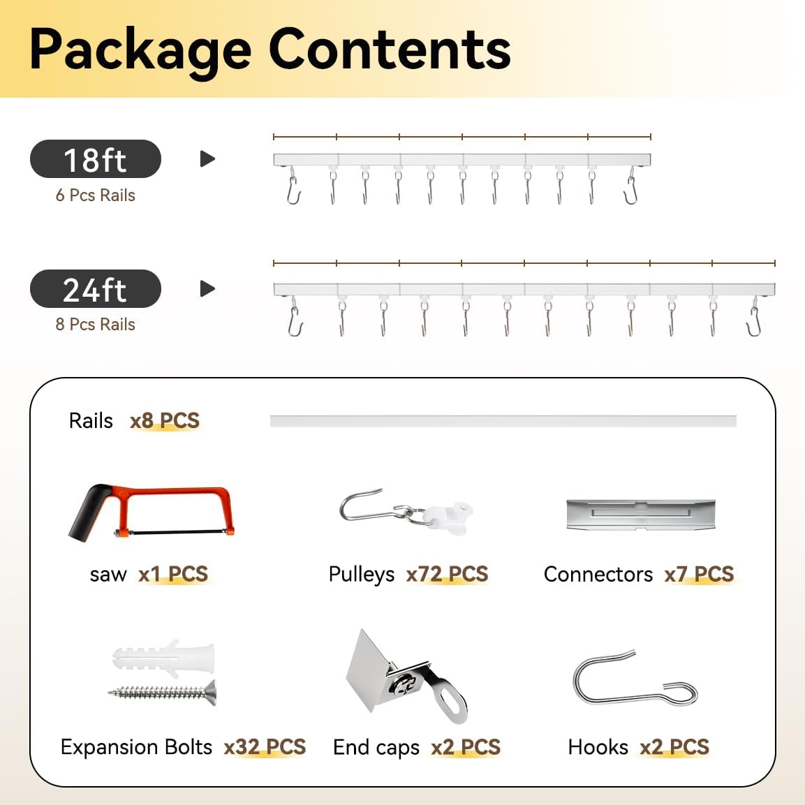 Curtain Track, Ceiling Curtain Track for Room Divider, Ceiling Mount Rail Set with Roller Hooks, White, 18ft - 24ft