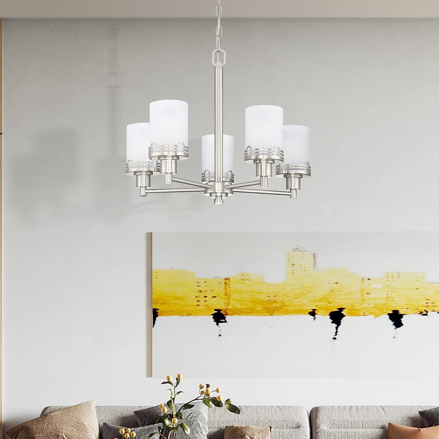 Doraimi Lighting 5 Light Fashion Kitchen Island Frosted Glass Shade+Hollow Metal Shade Chandelier Light Fixture,Brushed Nickel Finish Dining Room Living Room Corridor Bedroom