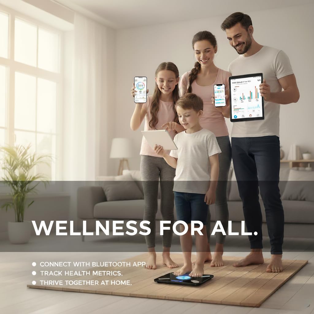 Smart Scale for Body Weight – Body Fat, BMI & Muscle Mass Analyzer – Digital Bathroom Scale with Bluetooth App Sync –Black Tempered Glass, 400 lb Capacity