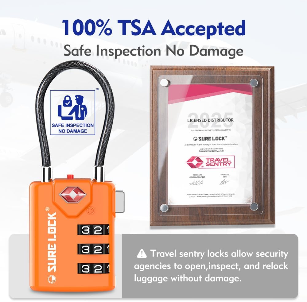 SURE LOCK TSA Compatible Travel Luggage Locks, Inspection Indicator, Easy Read Dials TSA Approved with Zinc Alloy Orange 4 Pack