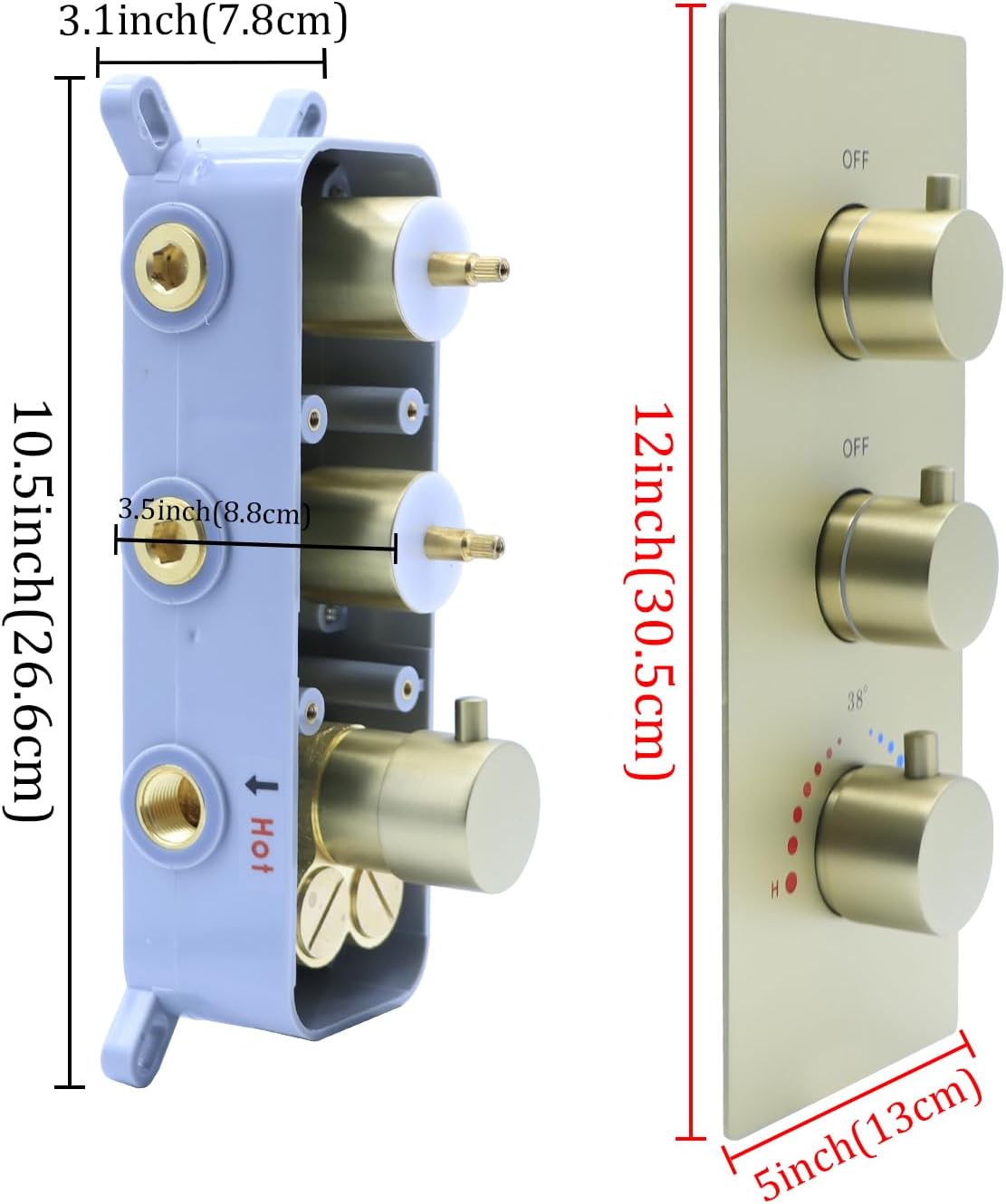 2 Function Shower Thermostatic Brass Valve Volume Control Can Work at the Same Time: 3 Round Knob, Concealed Brass Rough-In Valve (Brushed Gold, 2-Way)