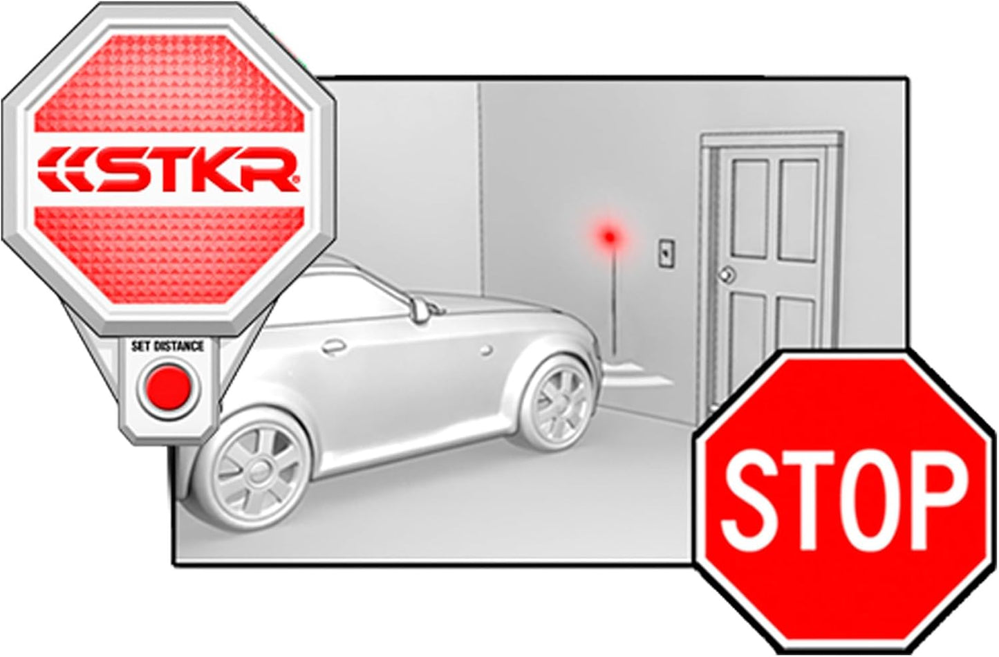 STKR Garage Parking Sensor – Adjustable Ultrasonic Car Stop Assistant with Red/Yellow/Green LED Display – Set Stop Distance 6"–6 ft – Battery or USB Powered – Easy Wall-Mount Install – White