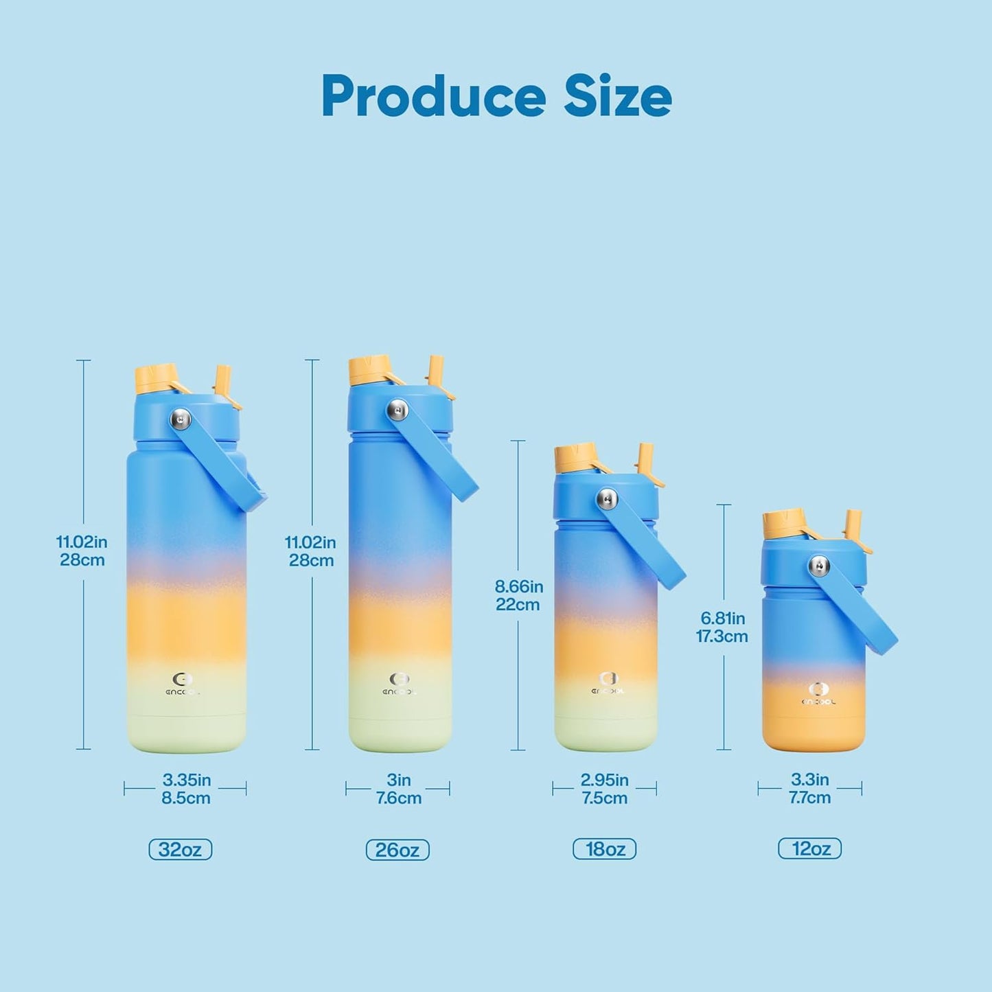 ENCOOL Insulated Water Bottle with Straw Stainless Steel Water Bottle, Leak-Proof, BPA-Free, Double Wall Vacuum Keeps Cold for 24 Hours for Sports, Travel, School (26 oz, Sunny Breeze)