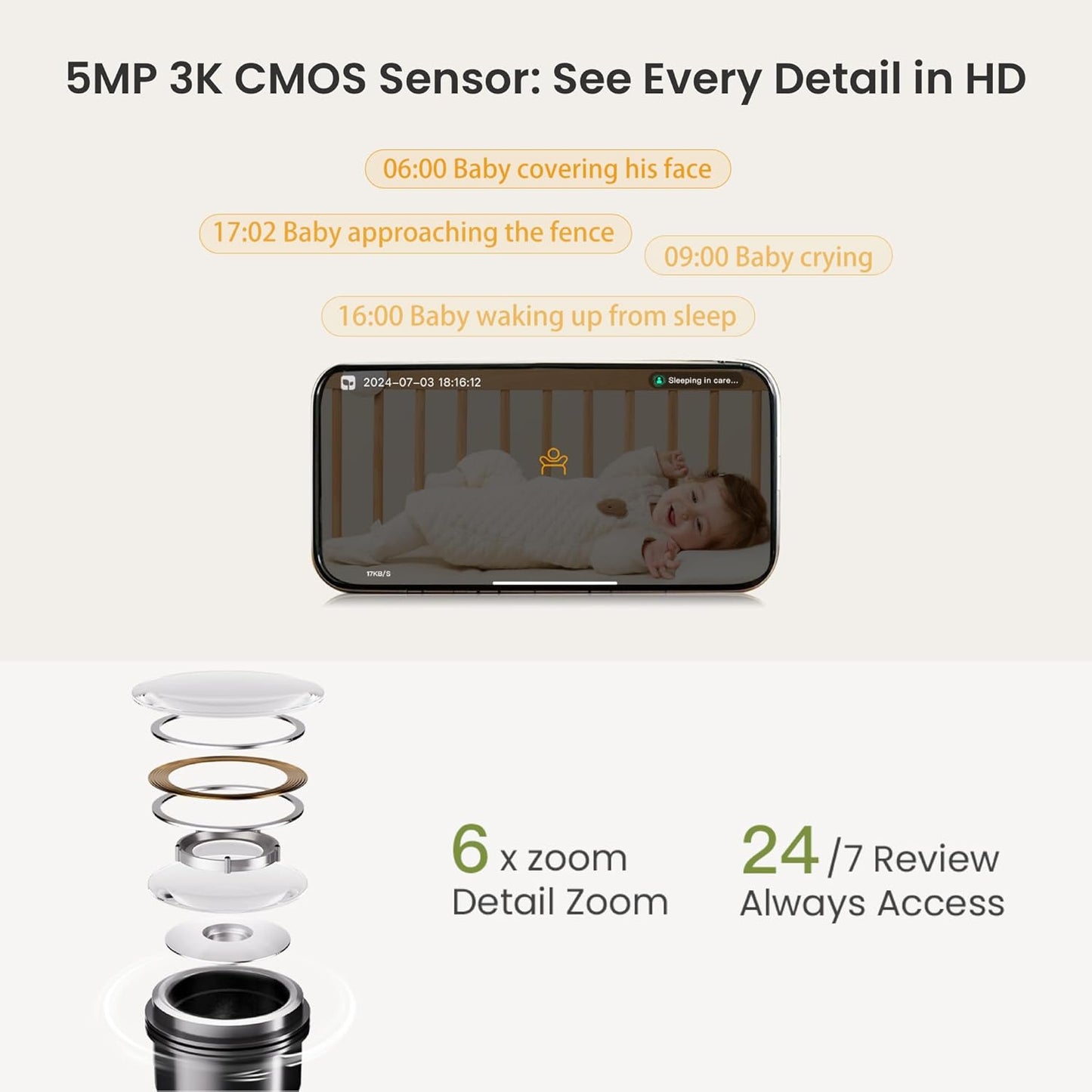 Monai Baby Monitor with Camera and Audio, 3K UHD, 6X Zoom, WiFi Video Monitor for Room or Travel, Pan 350° Tilt 65°, AI Cry Detection, Virtual Fence, Face-Cover Alerts, Sleep Monitoring, Night Vision