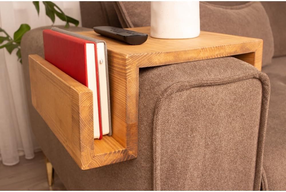 Wooden Couch Arm Tray – Sofa Armrest Table with Book & Magazine Holder, Perfect for Coffee & Remote Control, Solid Wood (Madrid)