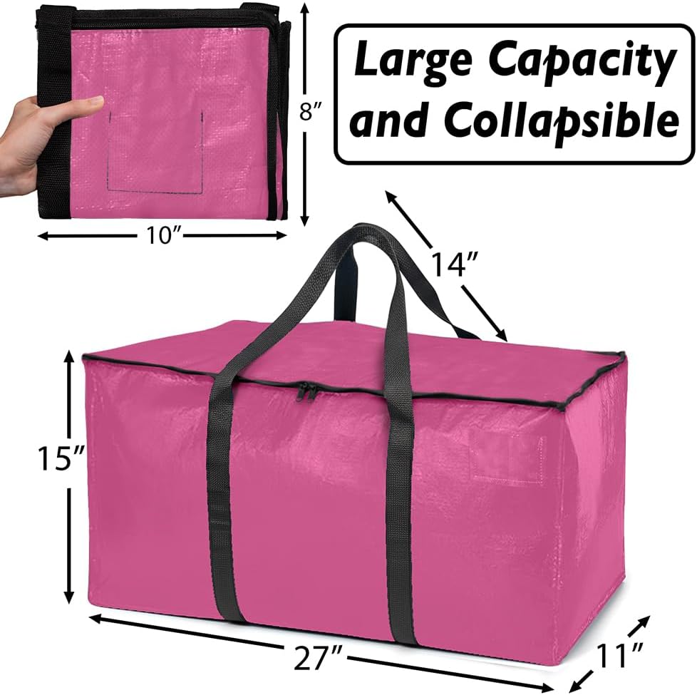 ClearSpace Heavy Duty Moving Bags or Storage Bags – Pink Storage Bins with Lids, Large Moving Boxes with Backpack Straps & Zippers,– Packing Box & Moving Supplies for College Dorm, 4 Pack