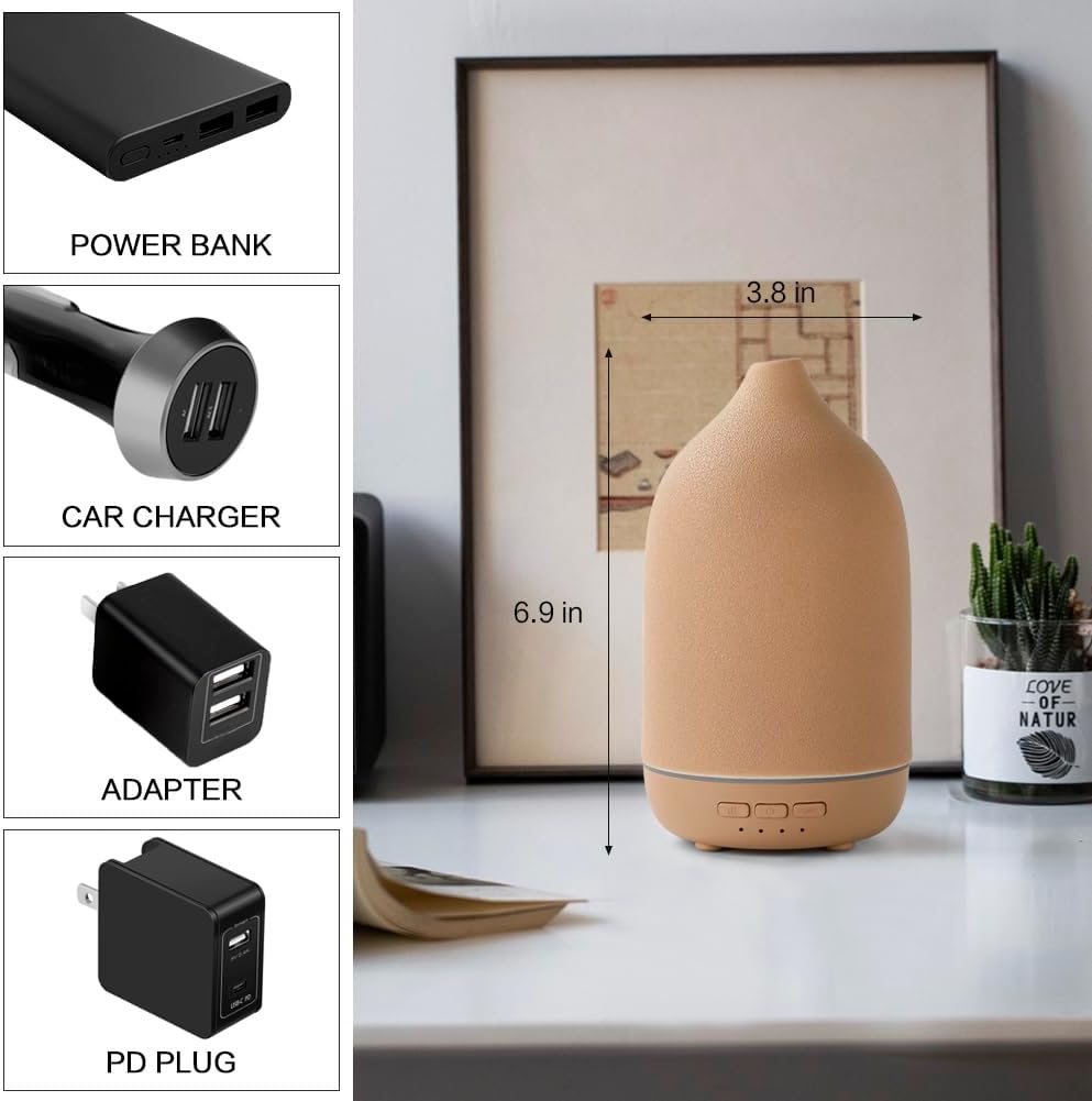 Essential Oil Diffusers, Aromatherapy Diffuser for Essential Oils, 100ml Ceramic Oil Diffusers for Large Room - 5 Timers, Warm Ambient Light, Auto-Off