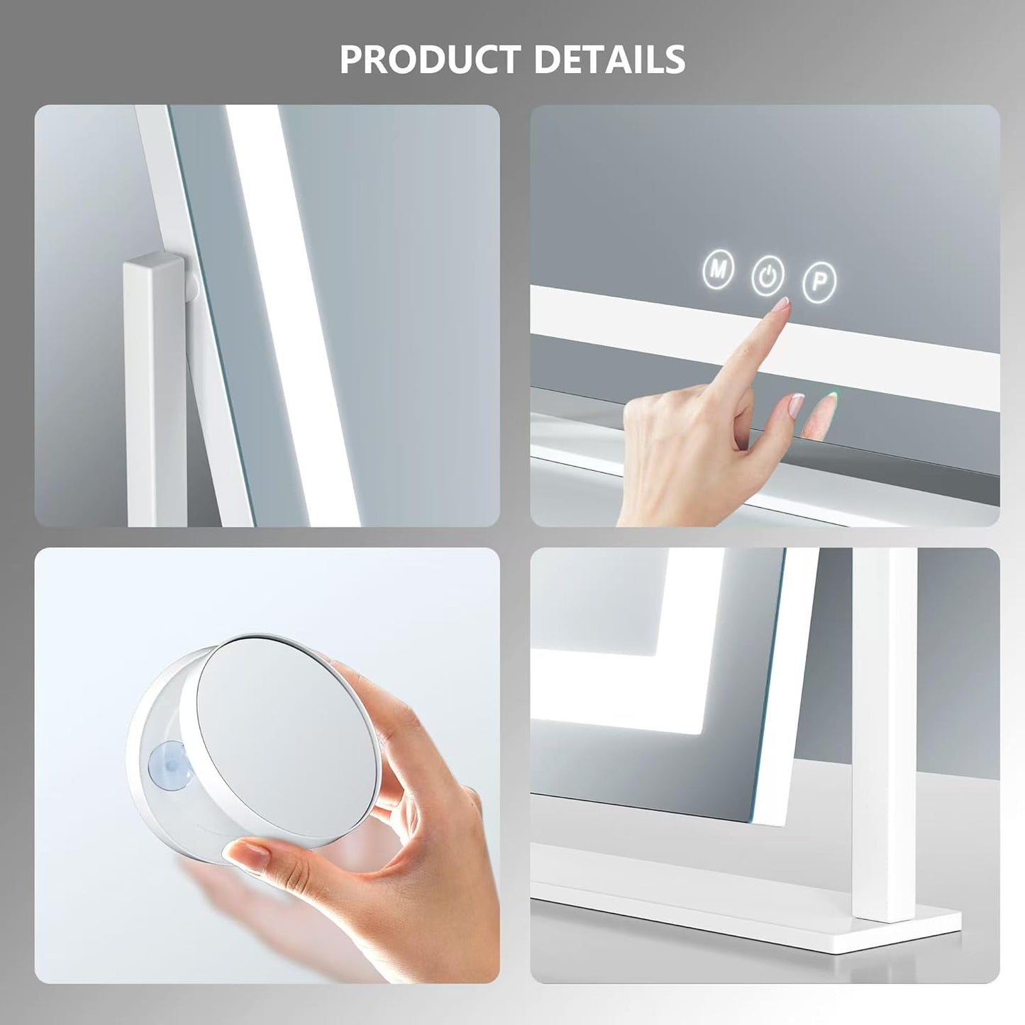 Vanity Mirror with Lights, 15.2’’ LED Makeup Mirror Detachable 10X Magnification, Smart Touch Control, 3 Color Lighting Modes,360°Rotation Tabletop Make Up Mirror for Bedroom Bathroom(Curved)