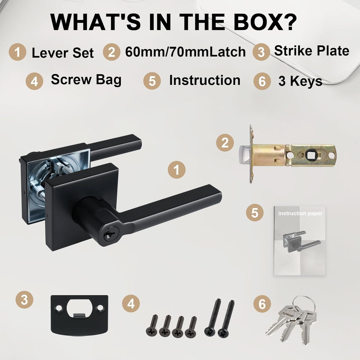 Keyed Entry Door Lever with Lock, Heavy Duty Square Interior Handle for Front Door and Office, Matte Black, Reversible for Right&Left Handed, 7Packs