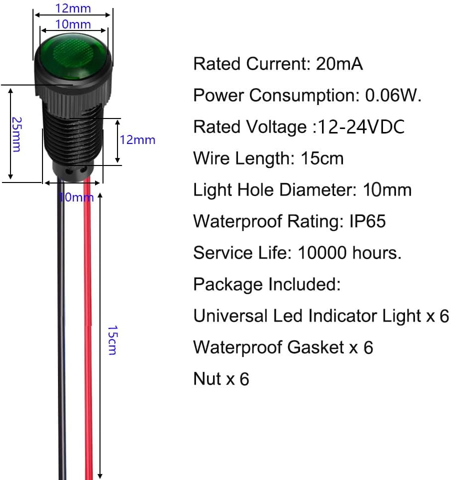 6pcs Green LED Indicator Pilot Light AC/DC 12-24V Mounting Hole Size 10mm(Flame Retardant Plastic Shell)