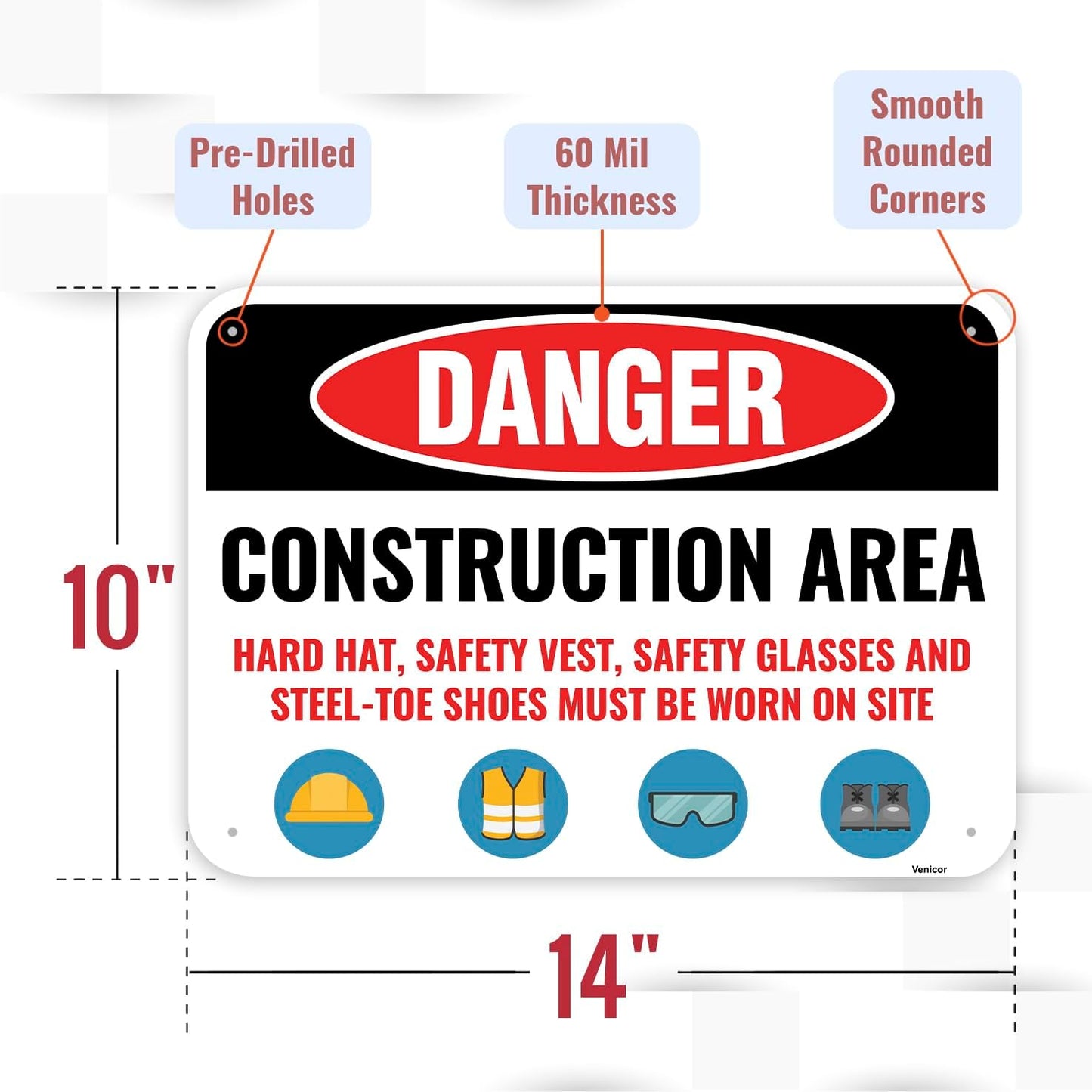1PC Construction Signs, 14 x 10 Inches - Aluminum - Danger Area Under Construction Safety Site Signs For Jobsites