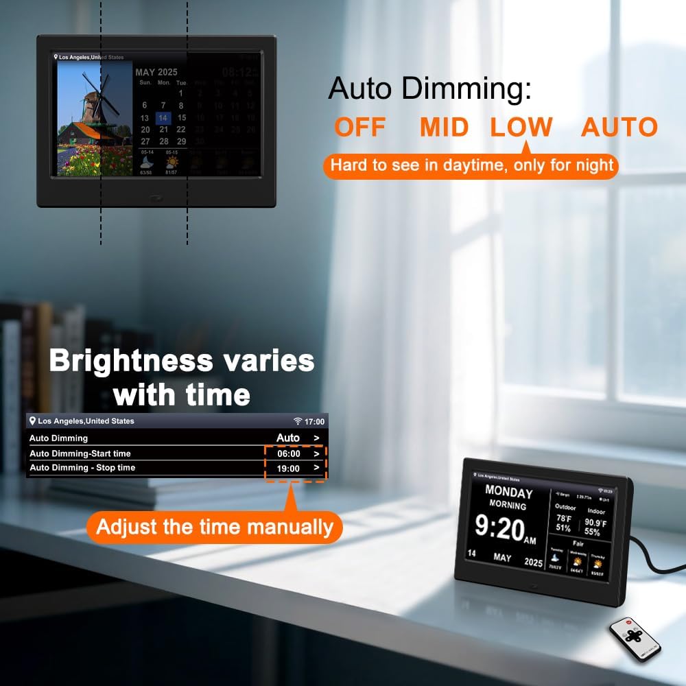 2025 Digital Clock with Weather Forecast & Temperature/Humidity Large Display, Auto Time Sync,Custom Alarms & Medication Reminders, Elderly Memory Loss (Black, 7-Inch)