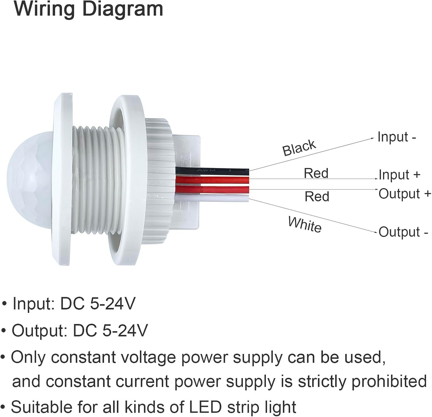 DC 12V/24V Motion Sensor Light Switch,PIR Smart Infrared Human Body Detection,Adjustable Delay & Light Sensitivity,for LED Strip Lights,Cabinets,Closets,Wardrobes,Pantry,Under-Bed Lighting