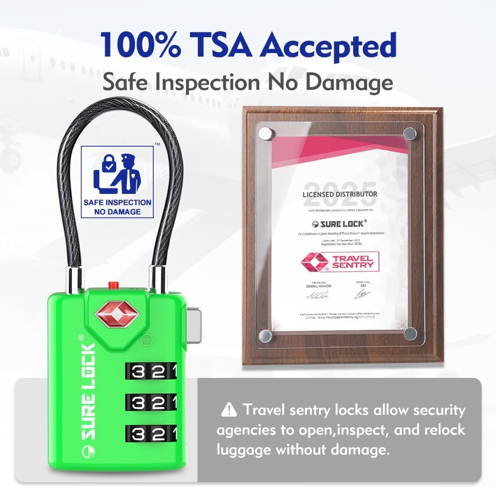 SURE LOCK TSA Compatible Travel Luggage Locks, Inspection Indicator, Easy Read Dials TSA Approved with Zinc Alloy