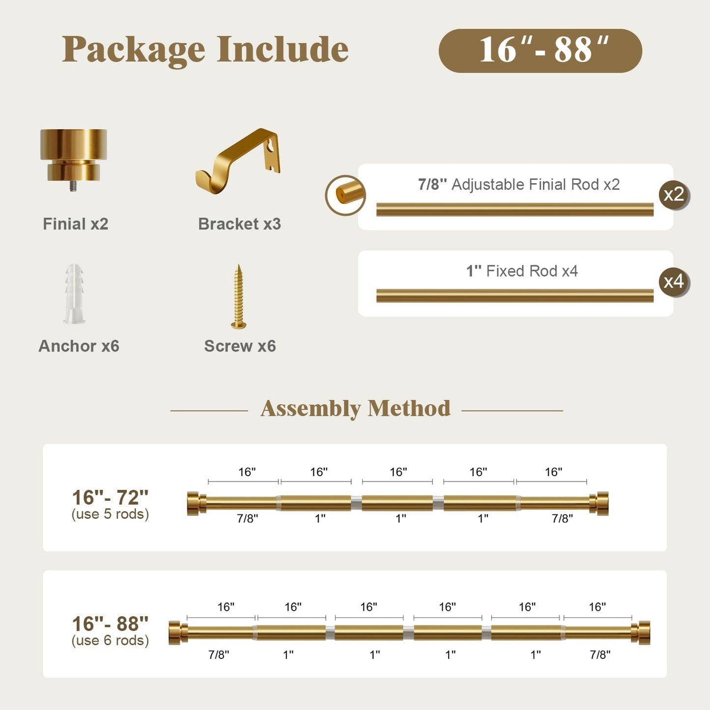 Oneach Heavy Duty Curtain Rods for Windows 48 to 84 Inch, 1 Inch Brass Gold Curtain Rod, Adjustable Length Rod with Metal Finials, Modern Decorative for Bedroom Kitchen Living Room (16 to 88 Inch)