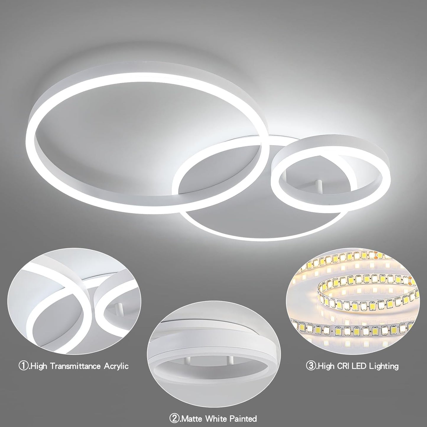 O'NEELDY Modern 3 Ring LED Chandelier Lamp Fixture White 25.59''Dimmable Acrylic Flush Mount Ceiling Lights with Remote Control Ideal for Small Room, Kitchen, Bedroom