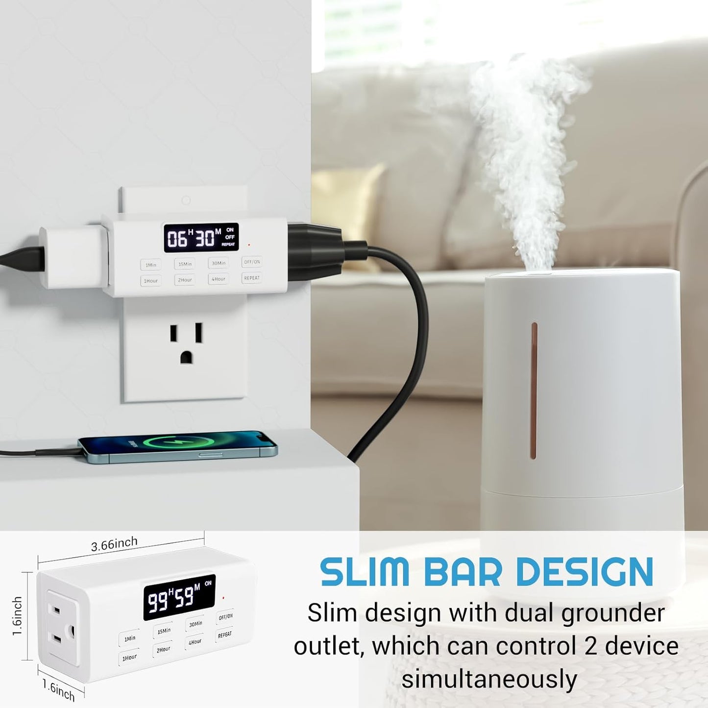 Countdown Timer Outlet, Up to 99 Hours, Large Screen and Repeat Function, Inodoor Auto Shut Off Timers for Charger Light Vacation Security,Digital Timers for Electrical Outlets