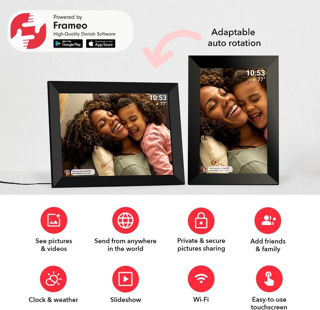 Frameo 10.1 Inch WiFi Digital Picture Frame with 32GB Storage,1280 * 800P IPS HD Touch Screen,Send Photos/Videos from Your Phone Anywhere, Photo Gifts for Parents and Grandparents