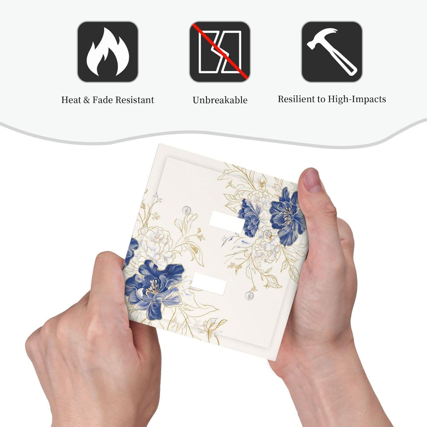 Decorative Light Switch Cover Plate Rustic Blue Flower Floral Gold Leaf 2 Gang Outlet Covers Double Toggle Wall Plates for Electrical Outlets Switch Plate Covers Faceplate for Home Decor