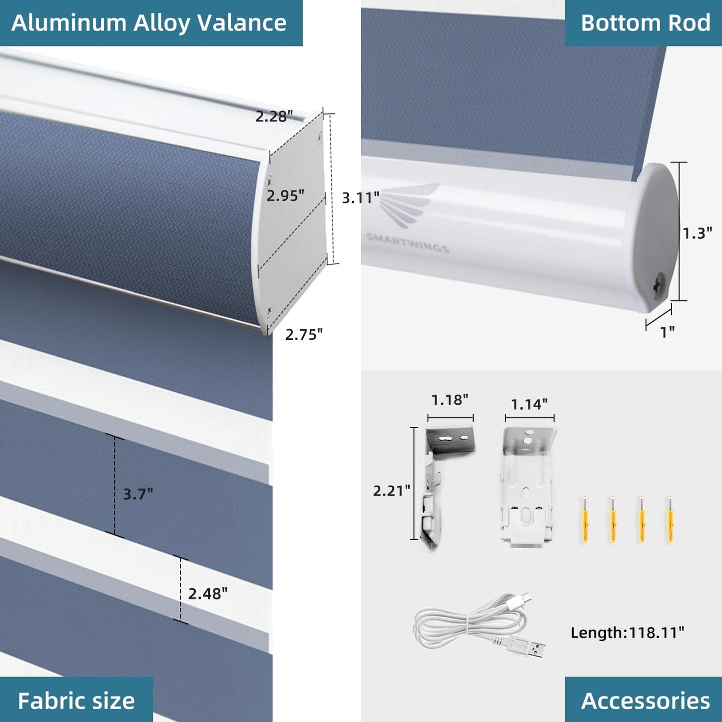 SmartWings Motorized Zebra Shades with Valance Work with Homekit Thread Alexa Z-Wave Smart Dual Layer Shades with Remote Control, Automatic Horizontal Window Blind, 90% Blackout 95mm Astrid Blue
