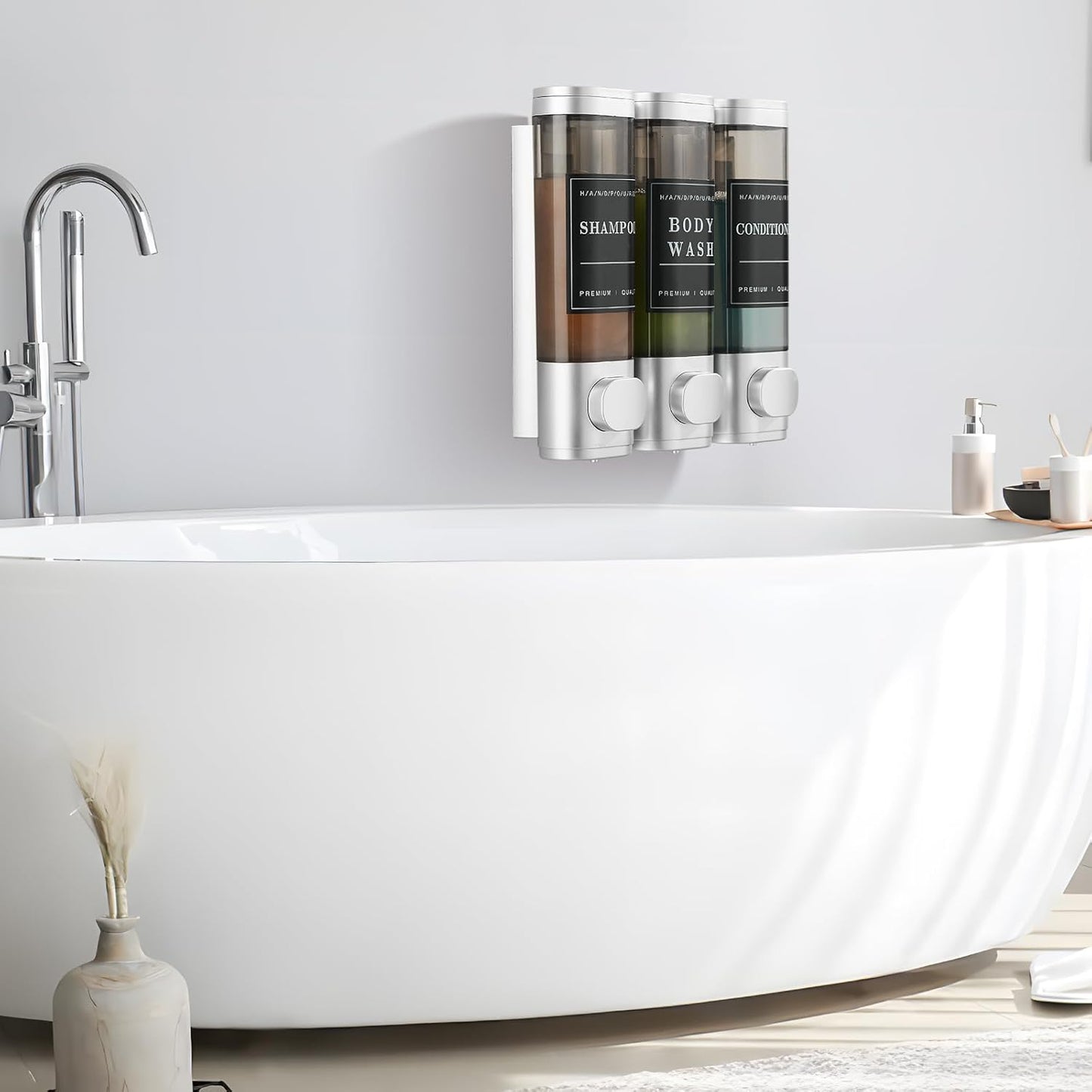 Shower Soap Dispenser 3 Chamber No Drill Wall-Mounted,Shampoo and Conditioner Dispenser Shampoo Dispenser for Shower Wall Mounted Body Wash Dispenser for Bathroom Hotel Kitchen Large Capacity