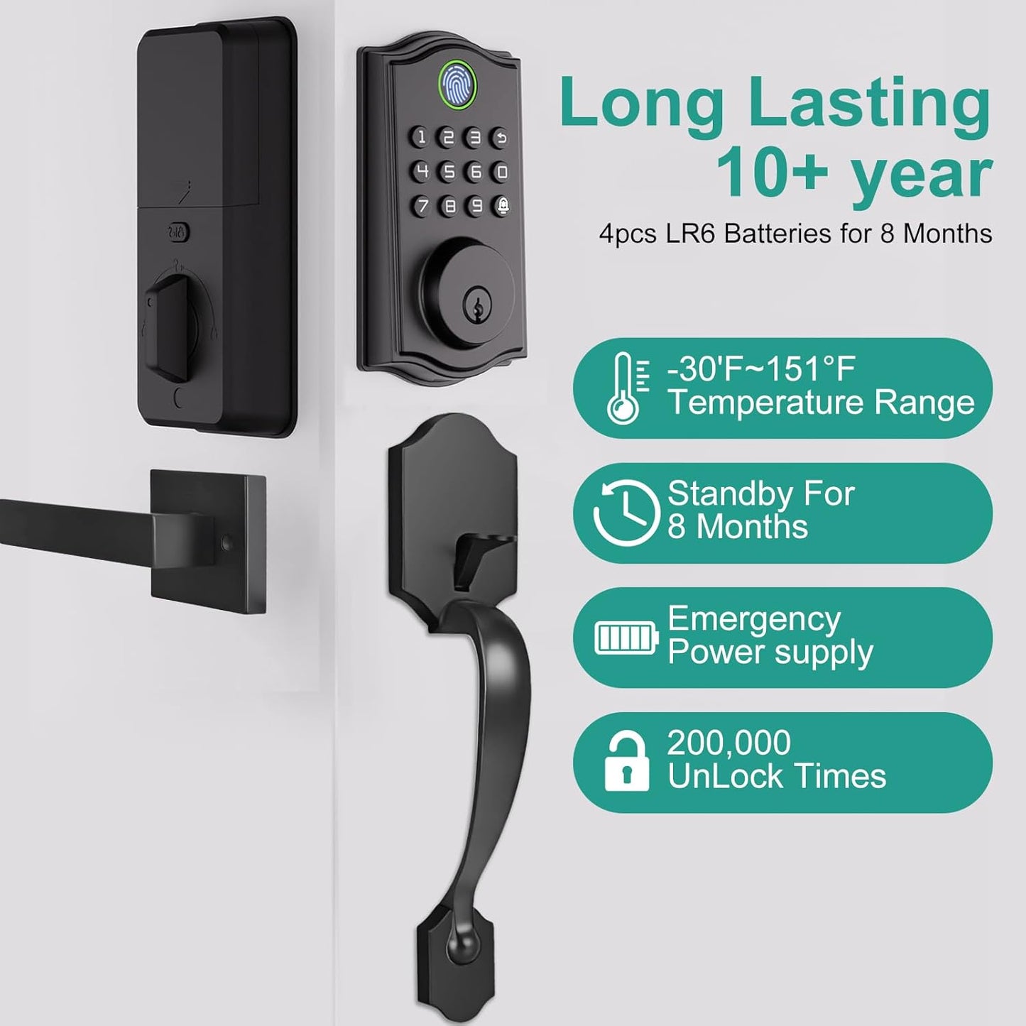 Smart Front Door Lockset, Keyless Entry Deadbolt with Handle, Fingerprint/App/Code/Key Unlock, Anti-Peeping Keypad, Auto-Lock, Easy Install