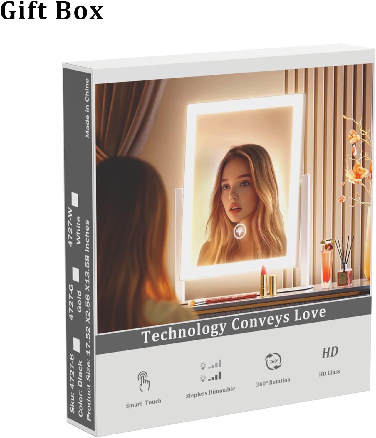 Lighted Makeup Mirror, Hollywood Vanity Mirror with Lights, Three Color Modes,Detachable 10X Magnification Mirror, Smart Touch Control, 360°Rotation (15.2in)