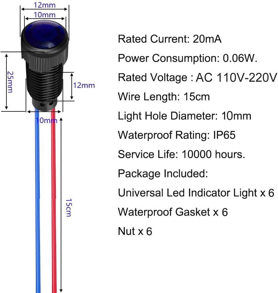 6pcs Blue LED Indicator Pilot Light 110VAC Mounting Hole Size 10mm(Flame Retardant Plastic Shell)