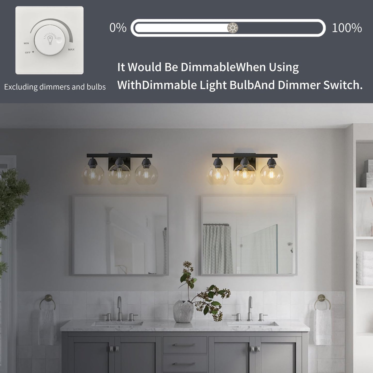 Bathroom Light Fixtures, 3-Light Matte Black Vanity Light with Hand-Blown Thick Glass Shades, Premium Clarity & Shatter-Resistant, Wall Sconces for Mirror, Kitchen, Bedroom