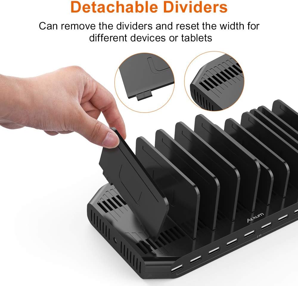 Alxum 60W 10 Port USB Charging Station Multiple Charger Station, USB Organizer Stand for iPad, iPhone Xs Max, X, 8 Plus, Samsung Galaxy, Google Pixel, LG stylo, Black (60W)