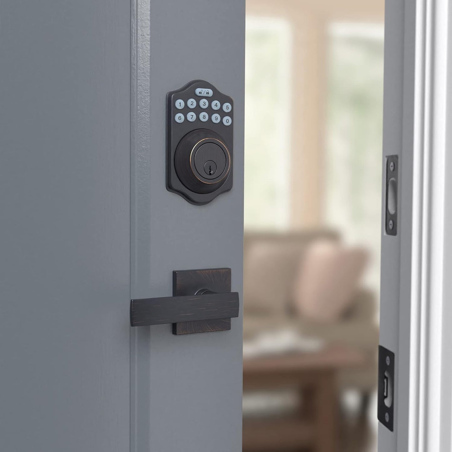 Amazon Basics Traditional Electronic Keypad,Keyless Entry Door Lock Deadbolt with Handle Set, Key Pad Front Door with Knob, Traditional Door Locks for Front Door Handle, Oil Rubbed Bronze, 1-Pack