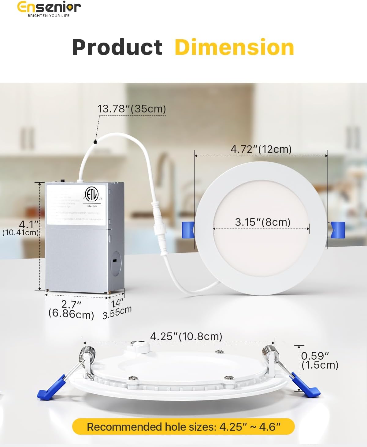 Ensenior 12 Pack 4 Inch LED Recessed Ceiling Light, Dimmable, 3000K Warm White, 750LM 9W 120V, High Brightness Canless Wafer Downlight - ETL&FCC&IC