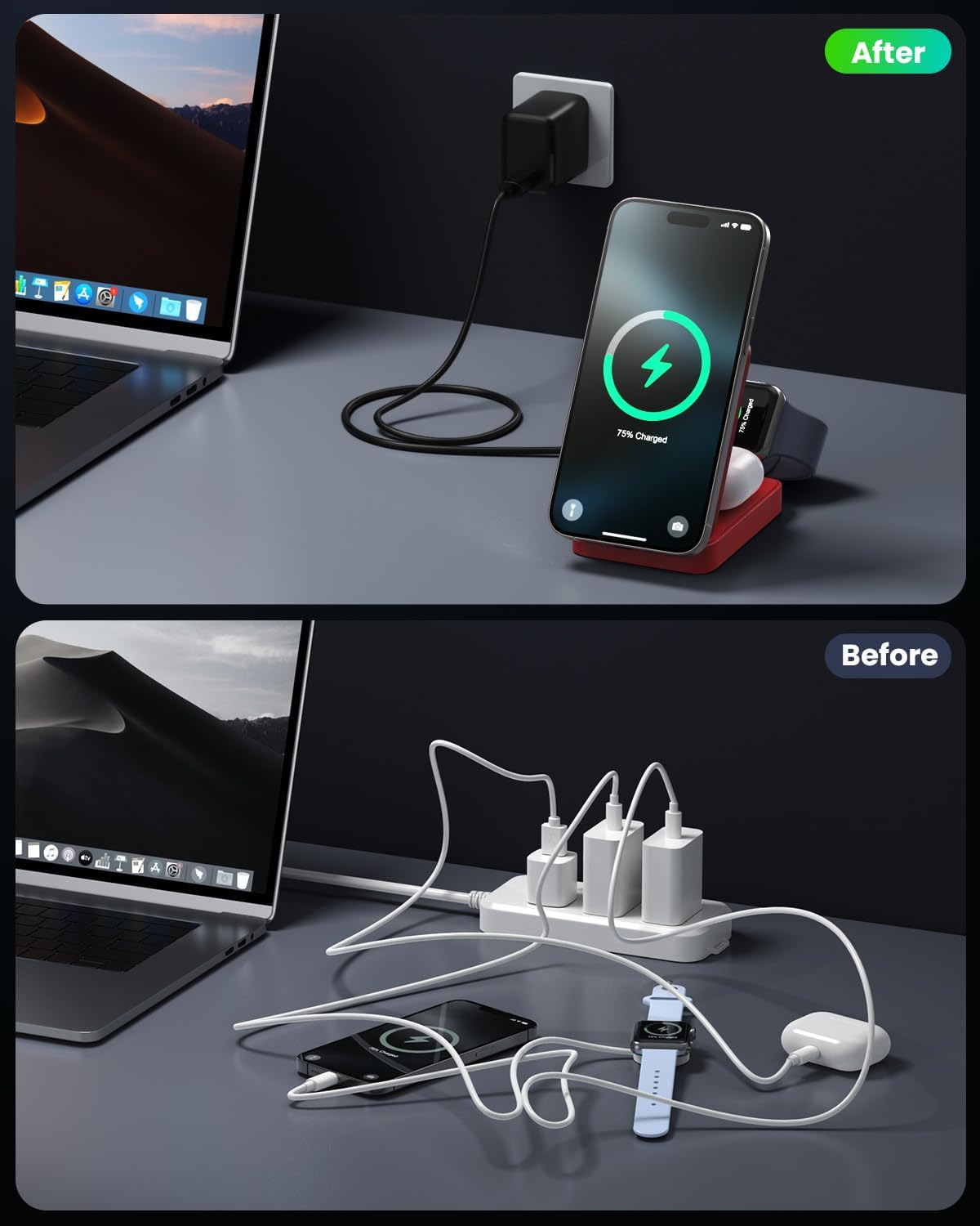 3-in-1 Wireless Charger Charging Station for iPhone, 15W Fast Charging Foldable Magnetic Charger Stand with 30W USB C Adapter for MagSafe iPhone 16/15/14/13/12, Apple Watch, AirPods