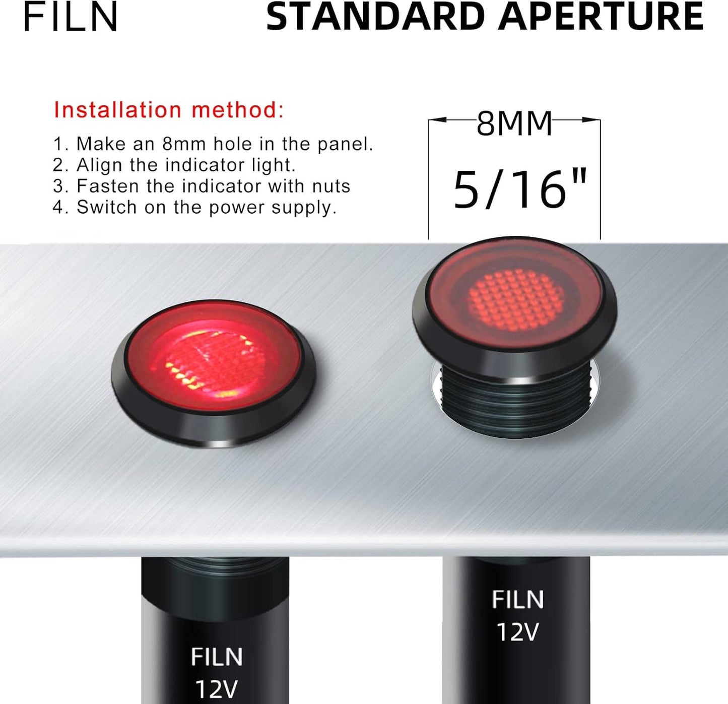 50Pcs 8MM (5/16") Indicator Light 12V 24V Metal Pilot Lamp Lights Aluminum Black Anodized Waterproof ip67 Signal Lamp(12V-24V Black Anodized-Green)