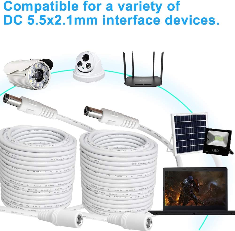 33ft 2-Pack DC Power Extension Cable,5.5mm x 2.1mm Extension Cord,12v Extension Cord for Security Camera CCTV IP,Router,LED Strip,5V 9V 24V 12 Volt Male to Female Plug Supply Adapter Power Cord