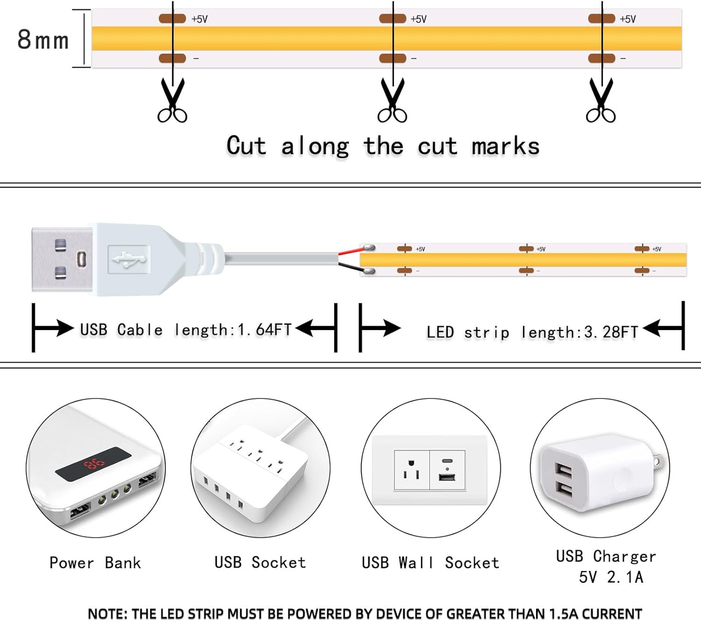 Short Led Strip Lights 5V USB LEDs Display Cabinet Lighting COB LED Strip Light 3000K Warm White Not Dimmable Flexible Small led Lights for DIY Home LED TV Lights Indoor Use (3.28FT/1M)
