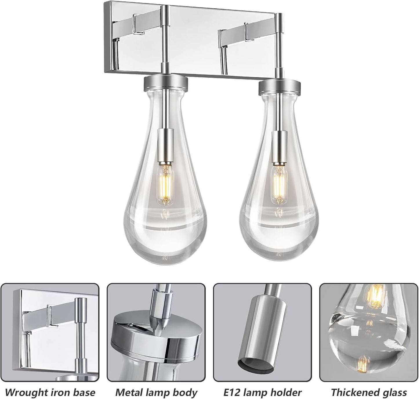 Raindrop Wall Sconces Chrome Crystal Sconces Wall Decor Modern Lighting Glass Bathroom Sconces Indoor Vanity Light Wall Lamp for Bedroom Living Room Stair(2-Light)