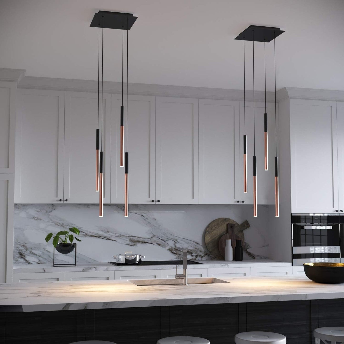 ALTAIR 4 Mini Pendant Lighting Black-Copper - LED Hanging Light Fixture for Kitchen Island, Bar, Foyer - Cluster Pendants - Dimmable, Adjustable Wire, Lamp Bulb Included