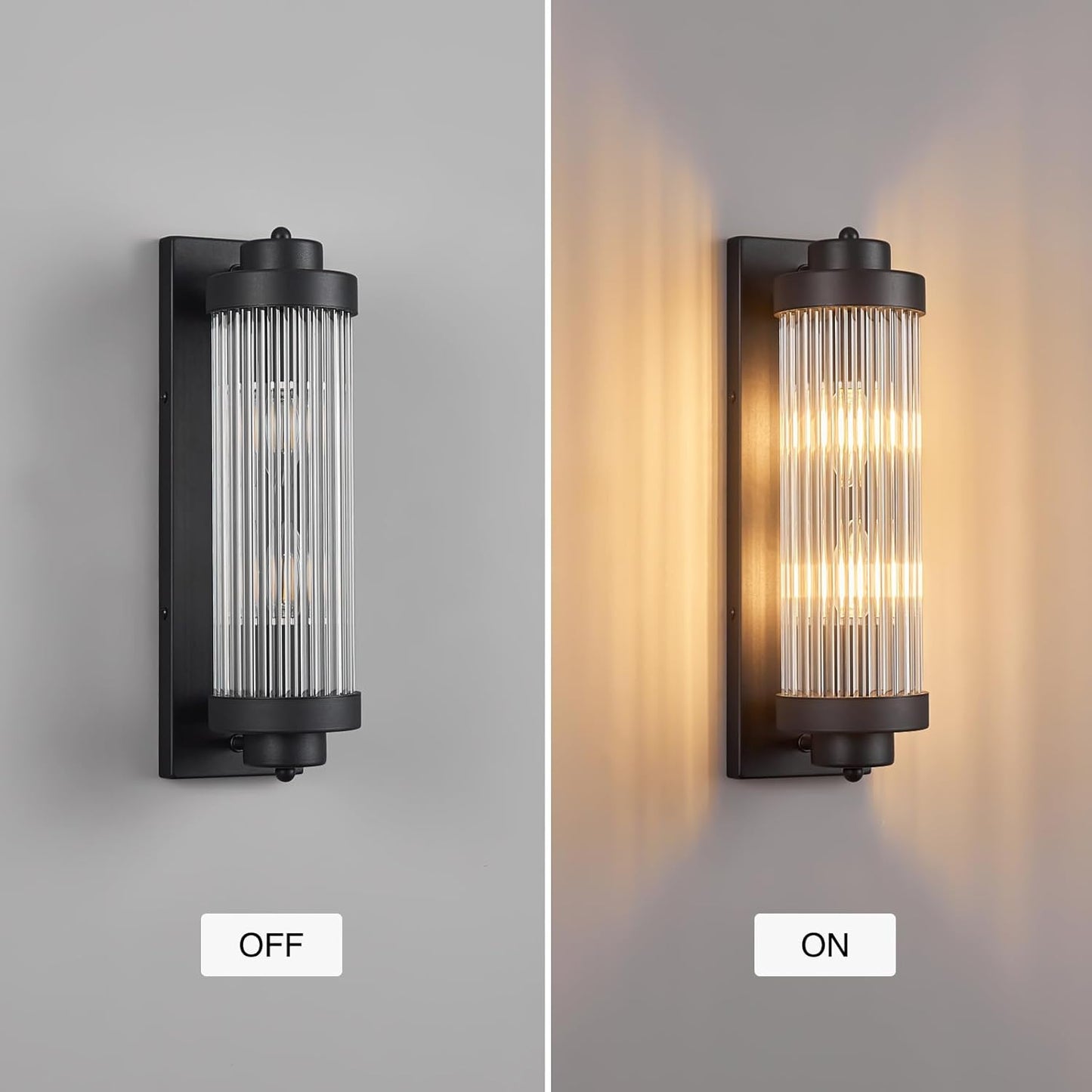 Black Wall Sconces with Crystal Glass Strip Bathroom Sconces Modern Wall Lights for Bedroom Living Room Hallway Wall Light Fixtures, 2 Light E12 Base