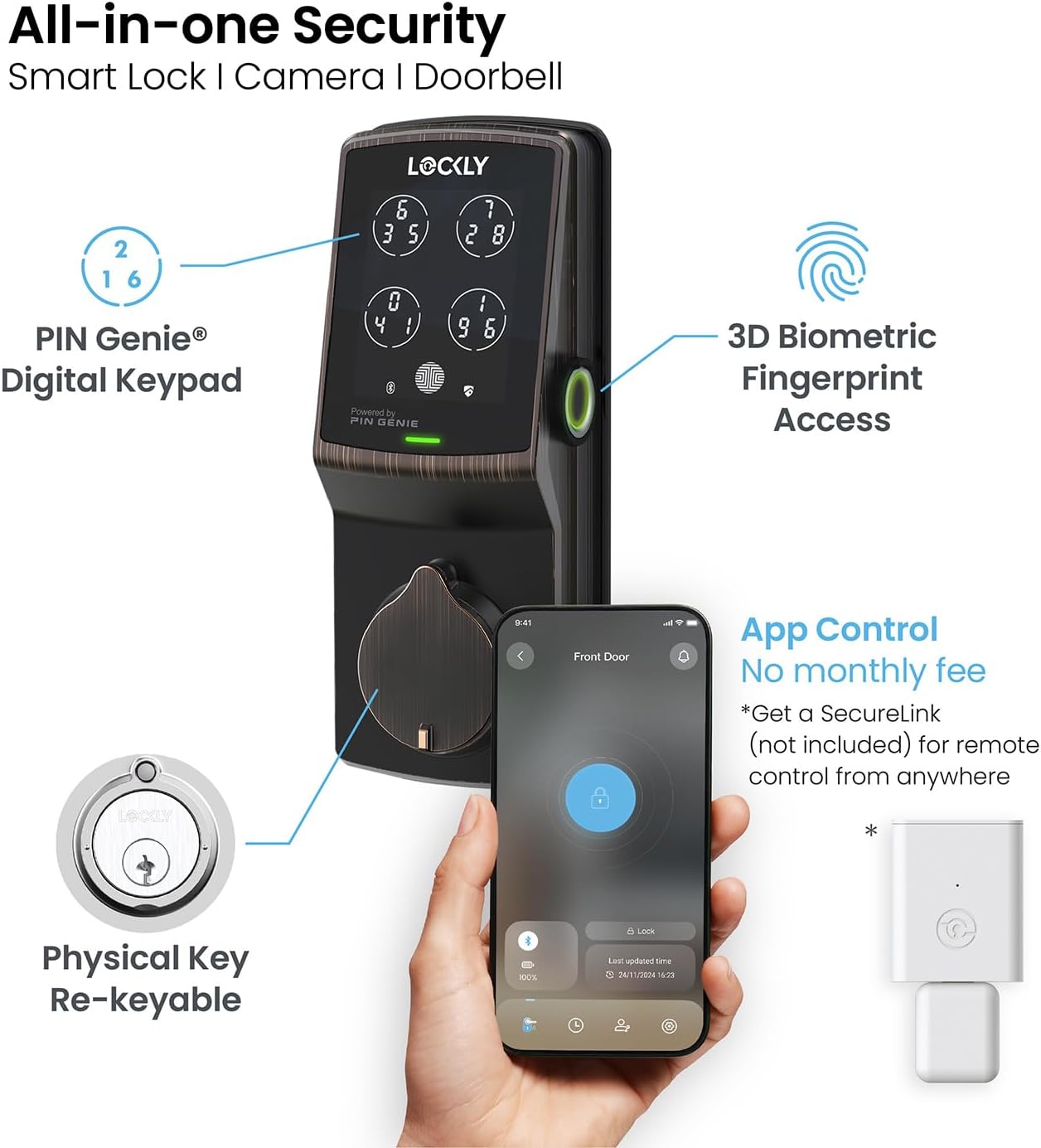 Lockly Secure Plus, Keyless Entry Door Lock, Smart Locks for Front Door, Smart Lock Deadbolt, PIN Genie® Keypad, 3D Biometric Fingerprint Sensor, Auto Lock Smart Door Lock