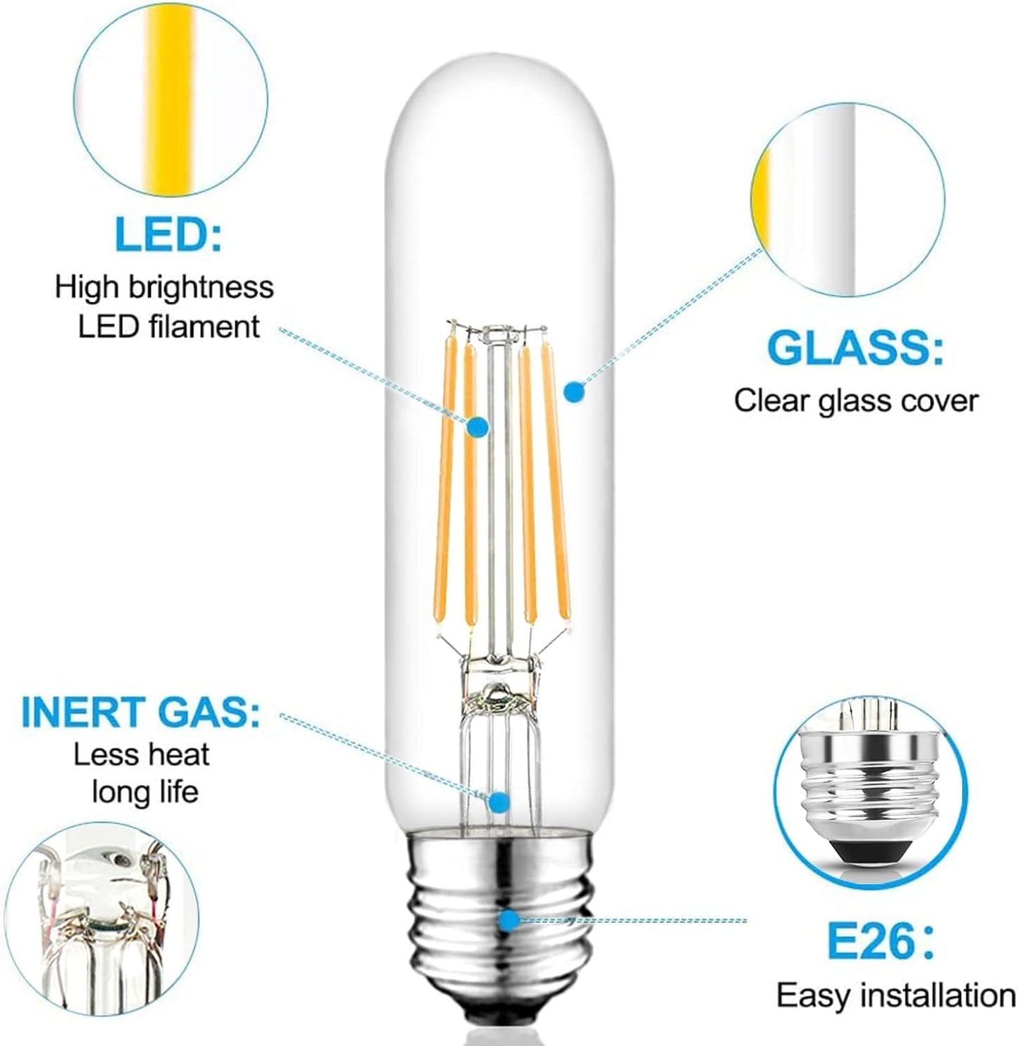 5 Inch Edison Bulb, 6000K Cool White E26 Led Bulb 6W Dimmable, 800LM T10 T9 Clear Glass Tubular Light Bulbs, AC 120V Equal 80 Watt Bulbs for Chandelier Pendant Wall Light - 6Pack