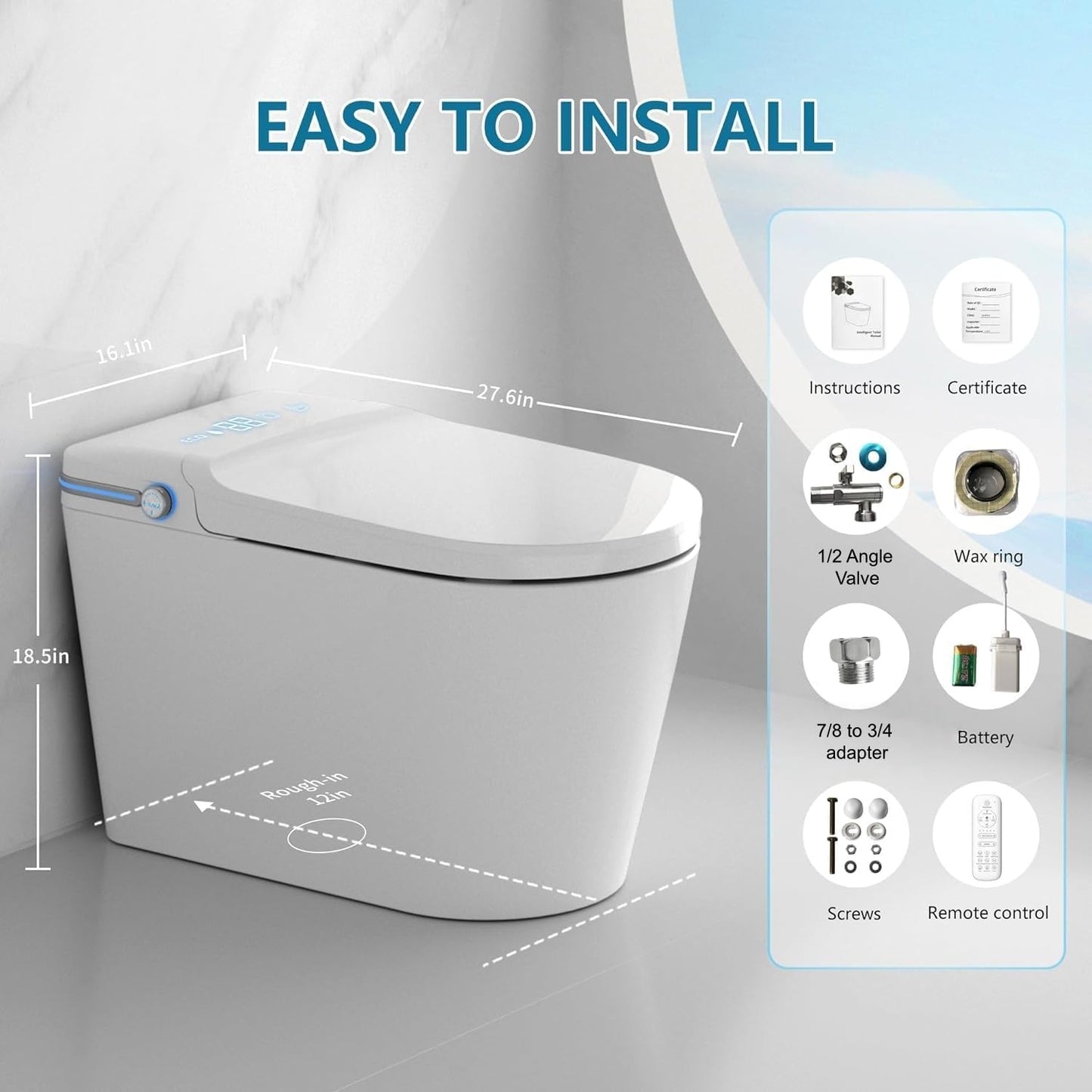 TDH Smart Toilet,One Piece Bidet Toilet for Bathroom,Toilet with Fahrenheit LED Display,Aromatherapy Tablet,Foot Sensor Operation & Auto Flush,Warm Water & Dry Function,Round Bidet Toilet Seat
