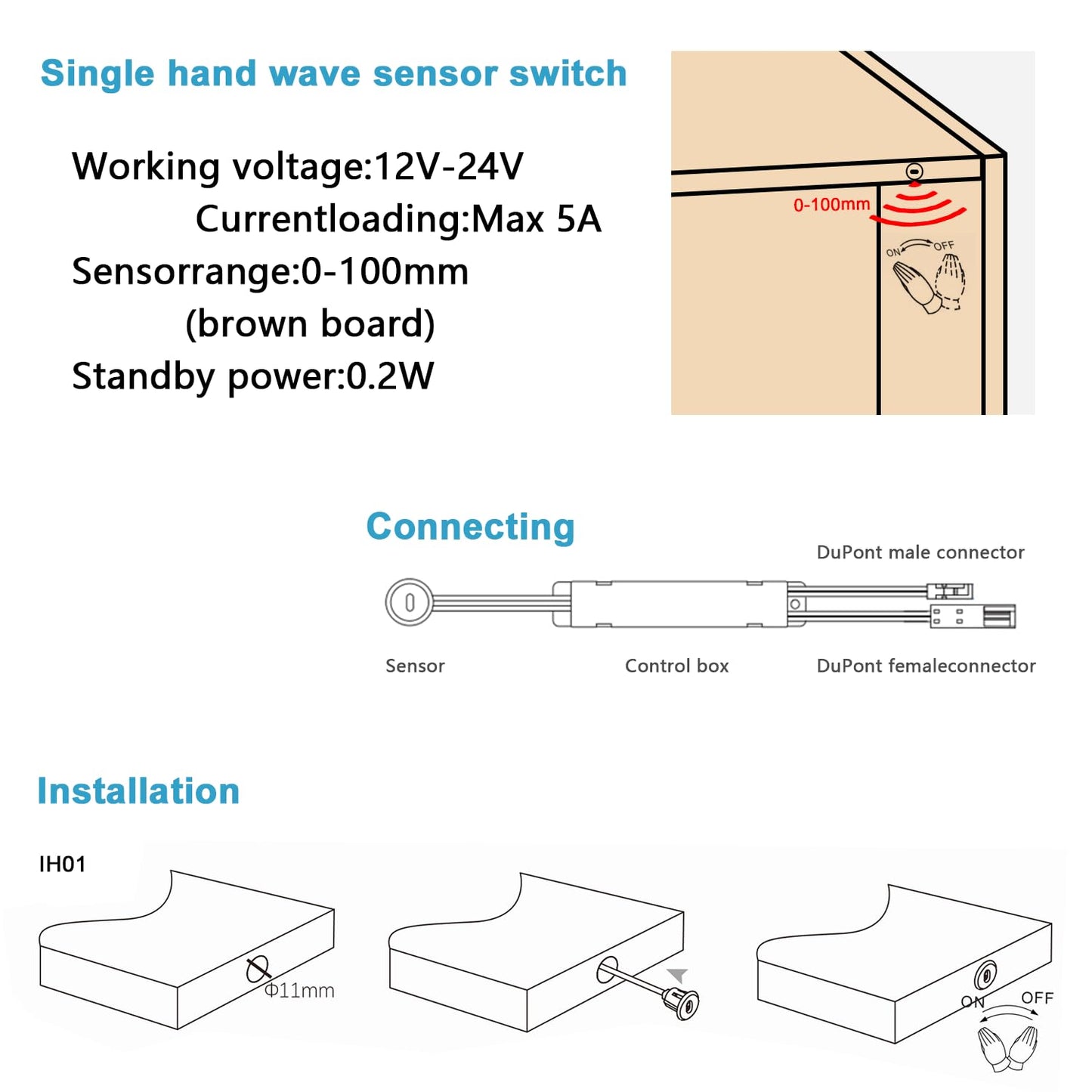 VST Motion Sensor Light Switch, IR Handwave Activated Dimmable Light Switch for Closet Light LED Strip Light Under Cabinet Lighting with 12V JST Male and Female Connector (DC 12/24V 3A)