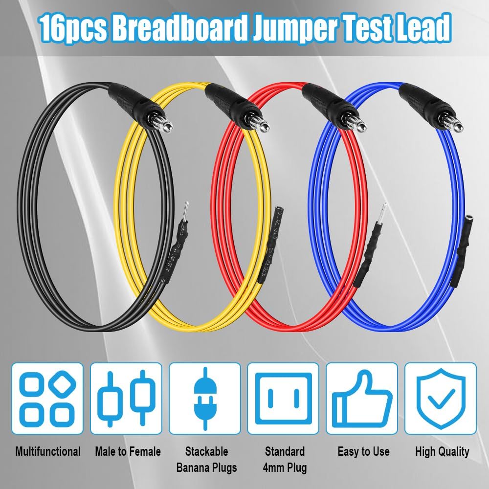 Banana Plug Jumper Wires Kit, 16pcs 4mm Stackable Breadboard Jumper Test Lead, Male to Female, Universal Breakout Test Leads for Electrical Testing