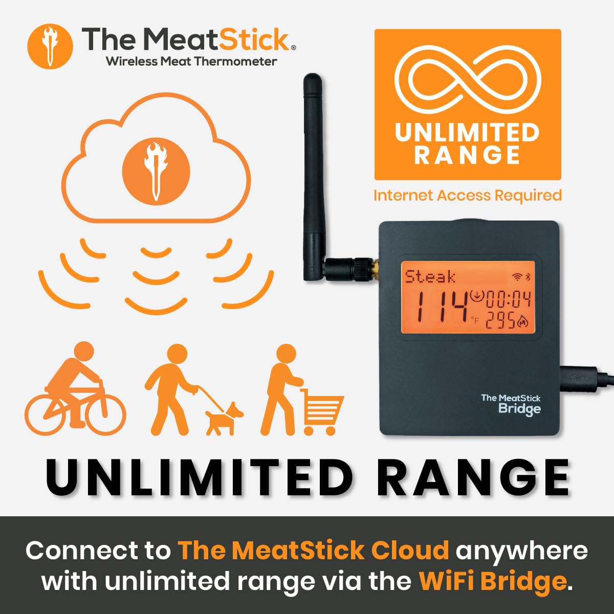 MeatStick WiFi Bridge Set | 2-Probe Package | Smart Wireless Meat Thermometer | Unlimited Range Digital Food Probe with Bluetooth | for Smoking, Grilling, BBQ, Air Fryer, Deep Frying, Oven, Rotisserie