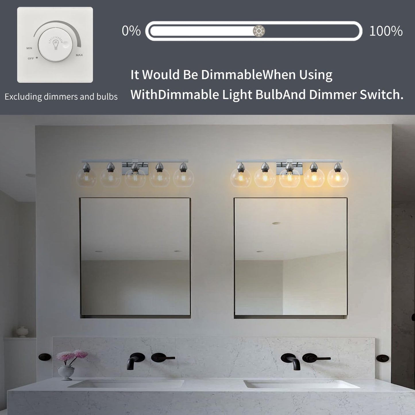 5-Light Bathroom Light Fixtures, Silver Vanity Light with Ultra-Clear Hand-Blown Glass, Durable & Elegant, Wall Lamp for Mirror, Bedroom, Kitchen