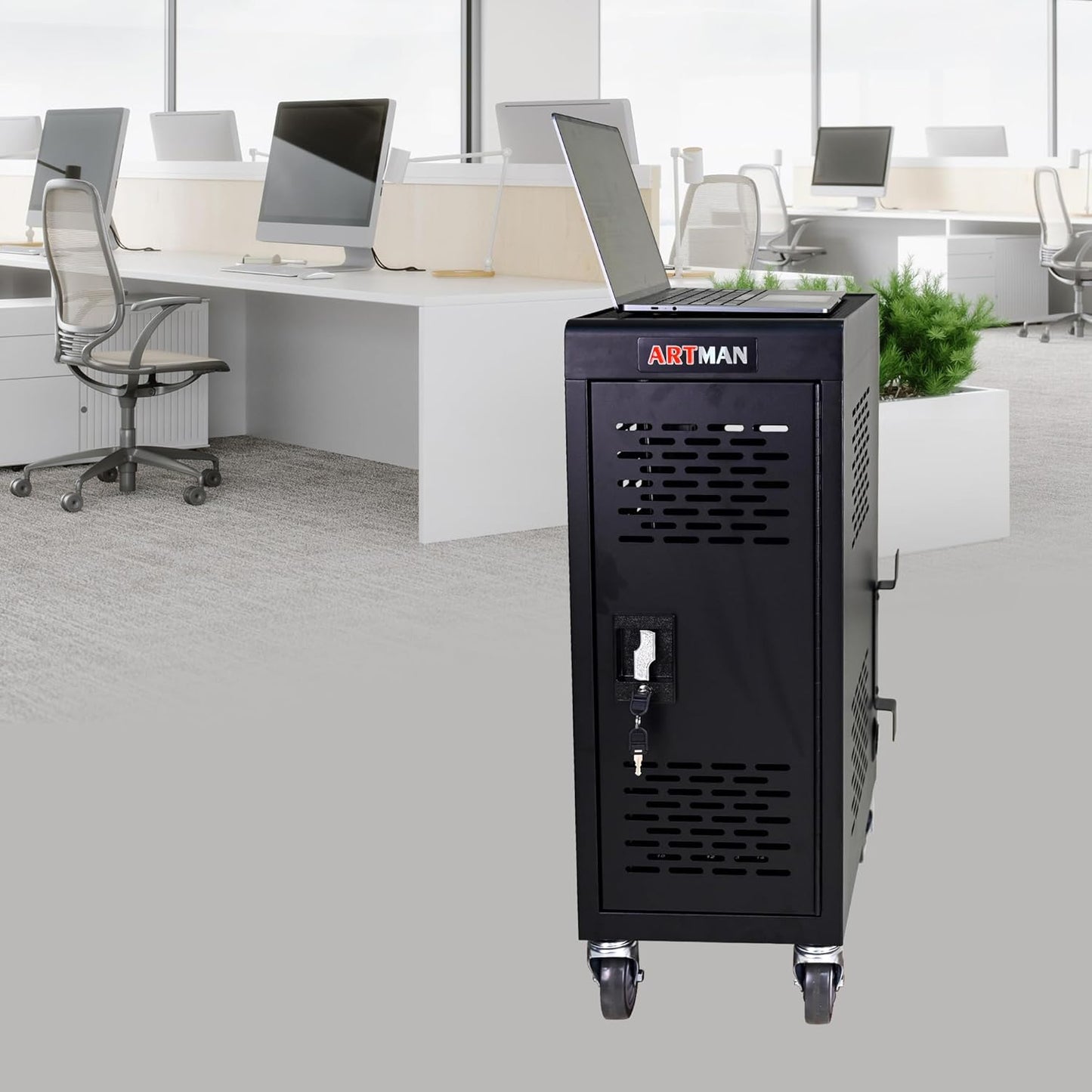 Laptop Charging Cart, Laptop Storage Cart with 16-Bay, Mobile Charging Cabinet for iPads up to 14", Chromebook Devices, Cord Management, Access Lock.School,Business.Black