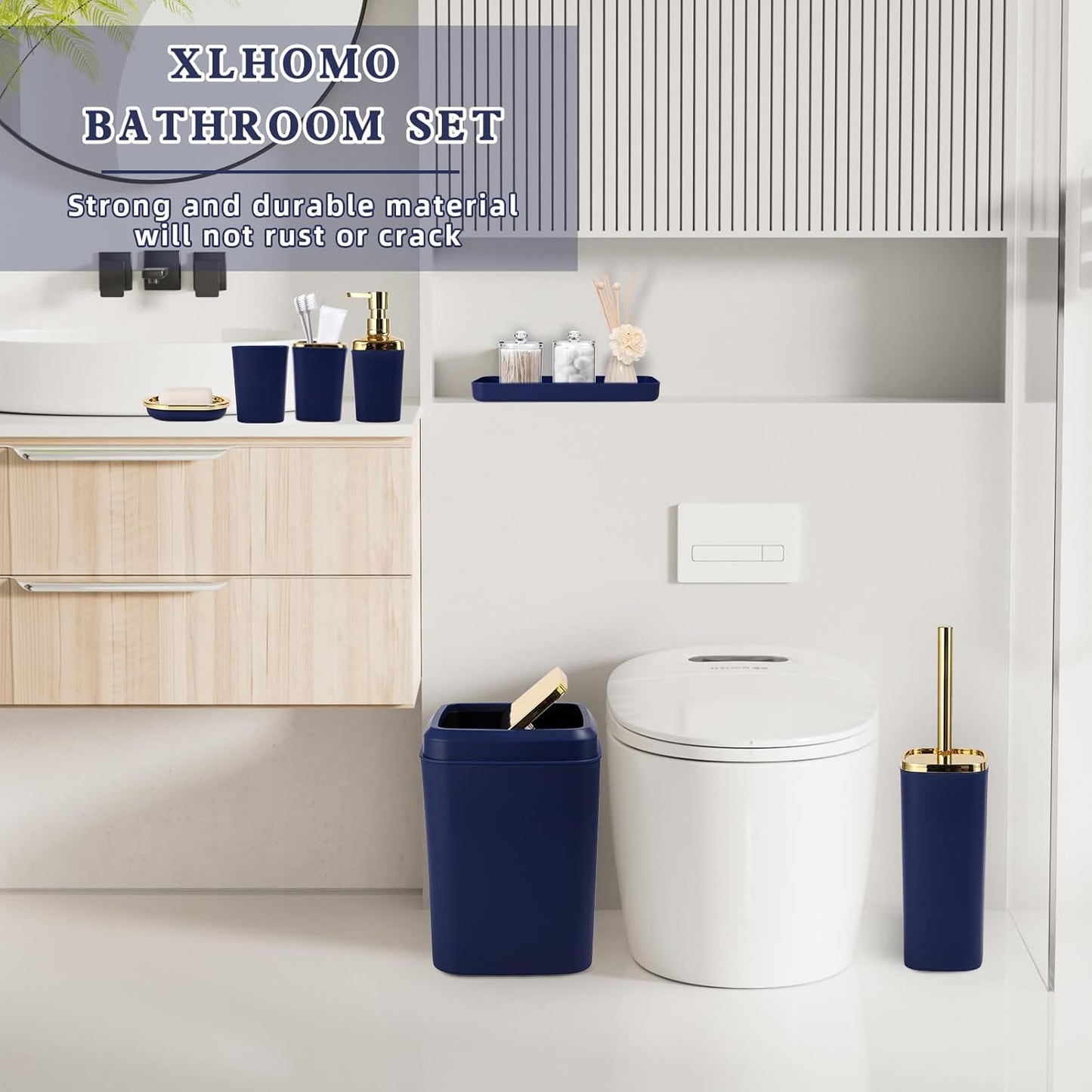 Blue Bathroom Set, Bathroom Sets with Stripe Shower Curtain, Navy Blue and Gold Bathroom Accessories with Trash Can, Soap Dispenser, Soap Dish, Toilet Brush Holder, Qtip Holders for Bathroom